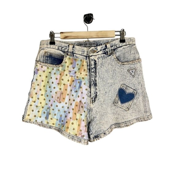 Retro Acid Wash Polka Dot Denim Shorts 19 Pastel Jean Patchwork 80s Eclectic 90s - Picture 1 of 16